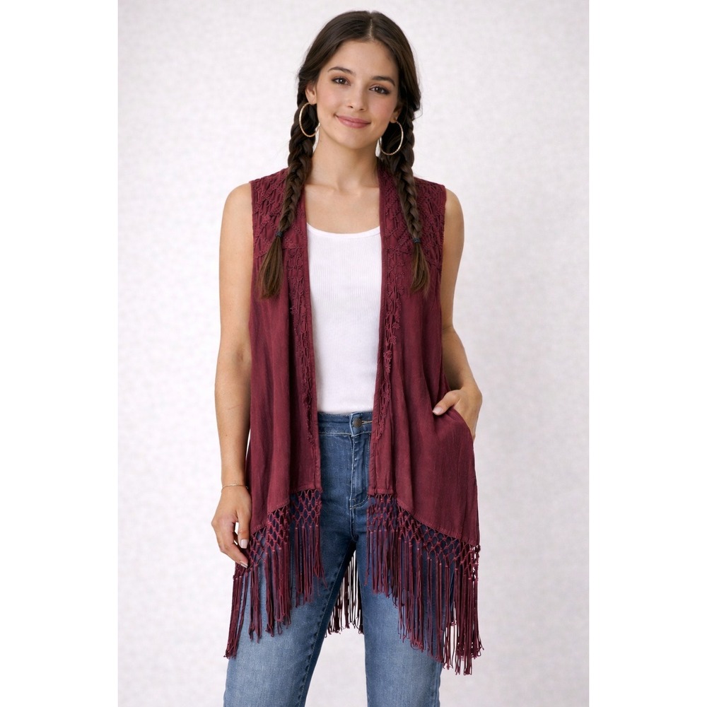 Just Cruising Womens Boho Fringe Vest Maroon Embroidered Crochet Open Front OS